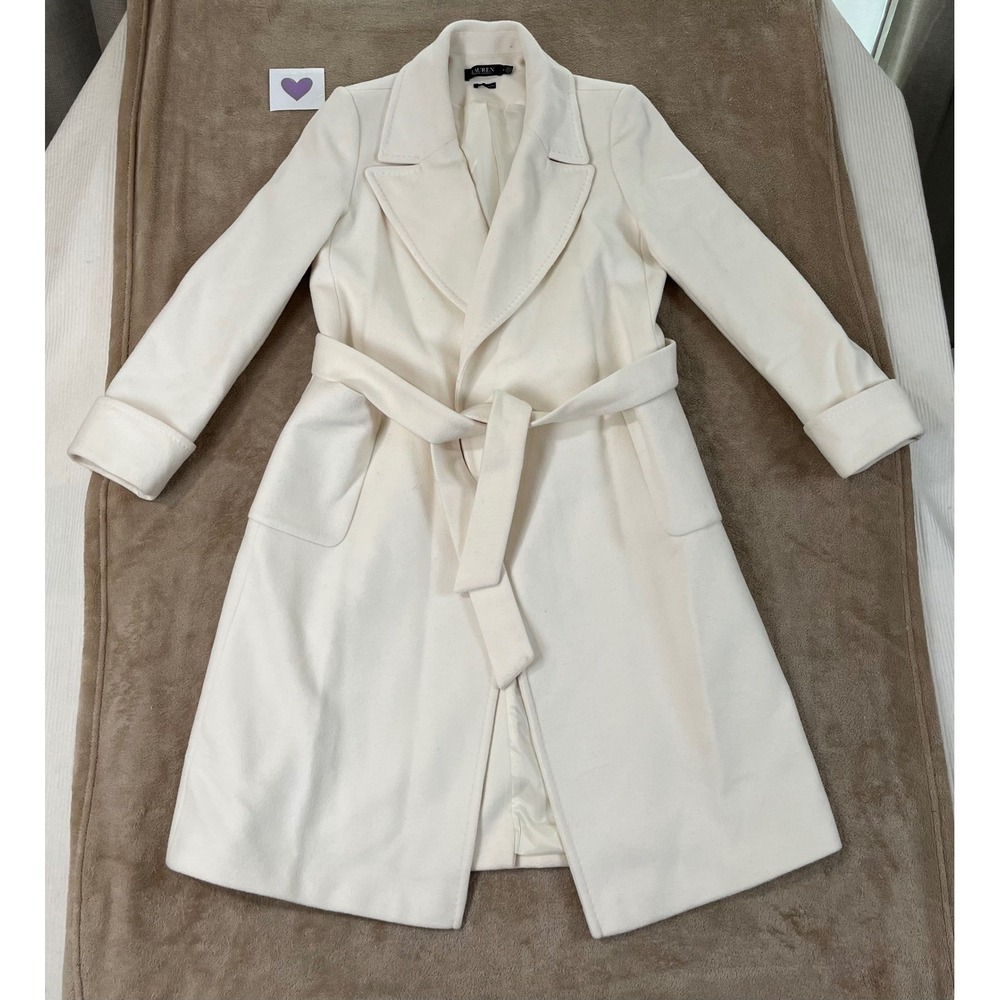 Lauren Ralph Lauren Black Label Moda Cashmere Blend Belted Coat Women 8 Cream